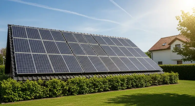 Aerial drone view of typical German residential neighborhood with mixed roof types, red and dark roof tiles, gardens visible, sunny day