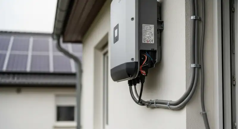 Elektriker installiert modernen String-Wechselrichter an der Hauswand eines münsterländischen Einfamilienhauses in Dülmen