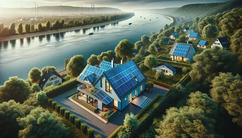Photovoltaikanlage mit Blick auf den Rhein in Düsseldorf
