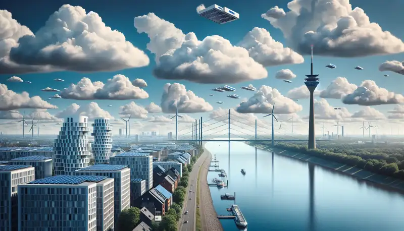 Düsseldorfer Skyline mit Rheinturm und Solarmodulen auf Wohnhäusern im Vordergrund