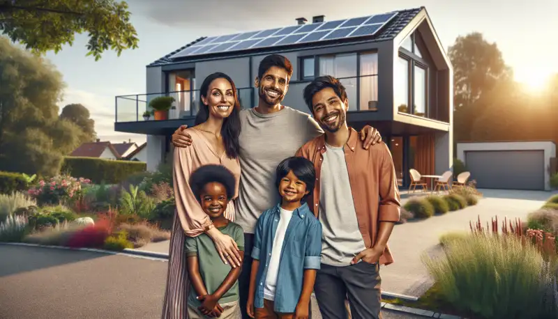 Familie vor ihrem Eigenheim mit Photovoltaikanlage in Duisburg