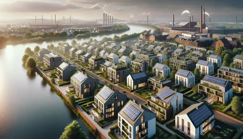 Wohnviertel in Duisburg mit Photovoltaikanlagen auf den Dächern, Ruhrgebiet Architektur