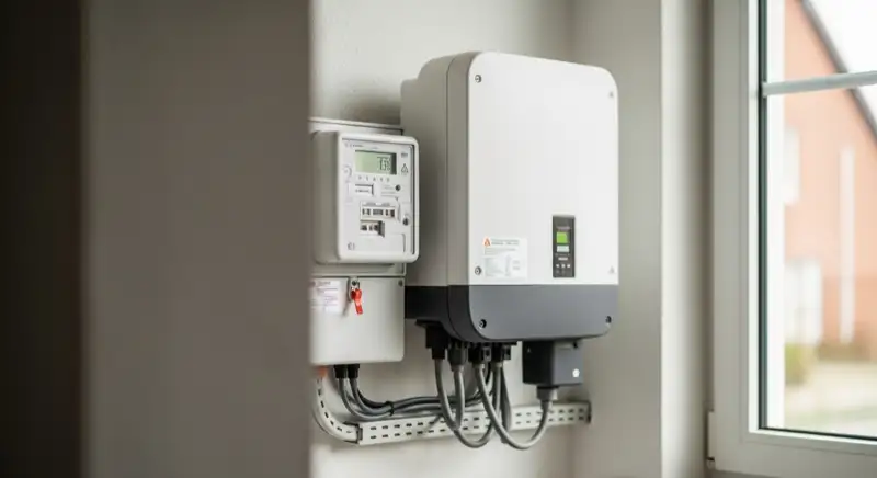 Modern German electrical meter cabinet (Zählerschrank) with smart meter and solar inverter connection, clean technical installation