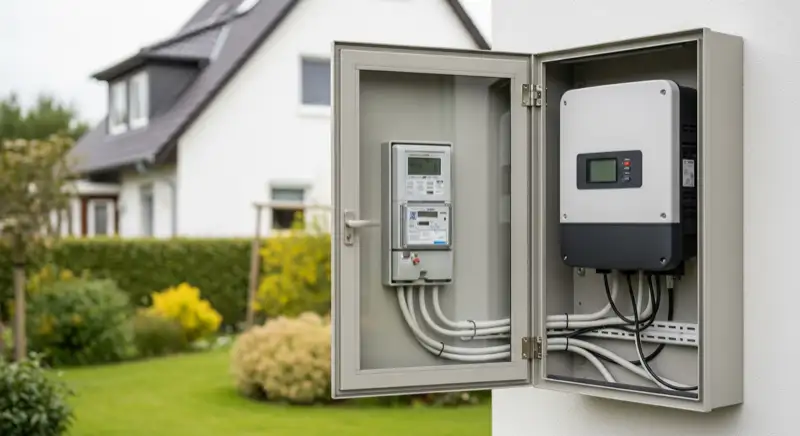 Modern German electrical meter cabinet (Zählerschrank) with smart meter and solar inverter connection, clean technical installation