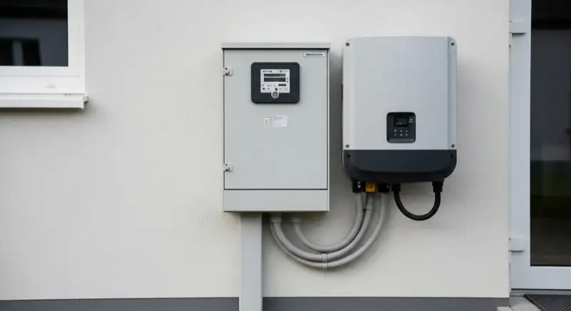 Modern German electrical meter cabinet (Zählerschrank) with smart meter and solar inverter connection, clean technical installation