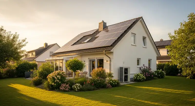 German detached house (Einfamilienhaus) with photovoltaic panels on pitched roof, well-maintained garden, warm afternoon sunlight