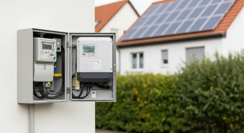 Modern German electrical meter cabinet (Zählerschrank) with smart meter and solar inverter connection, clean technical installation