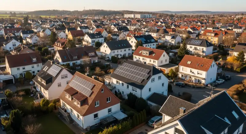 Aerial drone view of typical German residential neighborhood with mixed roof types, red and dark roof tiles, gardens visible, sunny day