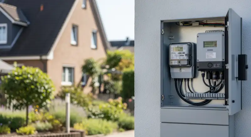 Modern German electrical meter cabinet (Zählerschrank) with smart meter and solar inverter connection, clean technical installation