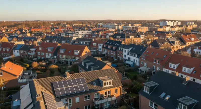 Aerial drone view of typical German residential neighborhood with mixed roof types, red and dark roof tiles, gardens visible, sunny day