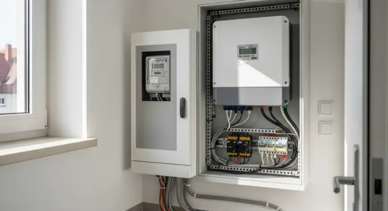 Modern German electrical meter cabinet (Zählerschrank) with smart meter and solar inverter connection, clean technical installation