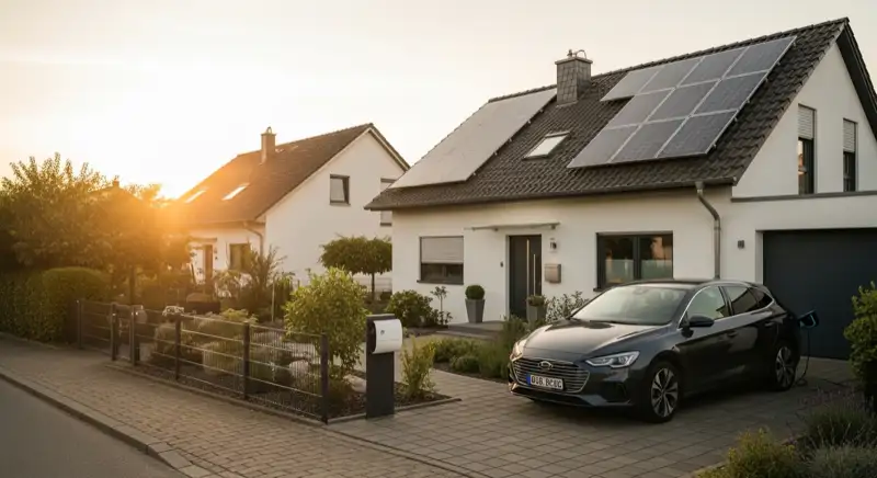 E-Auto lädt vor Einfamilienhaus mit Solaranlage in Erfurt