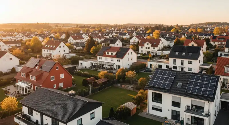 Aerial drone view of typical German residential neighborhood with mixed roof types, red and dark roof tiles, gardens visible, sunny day