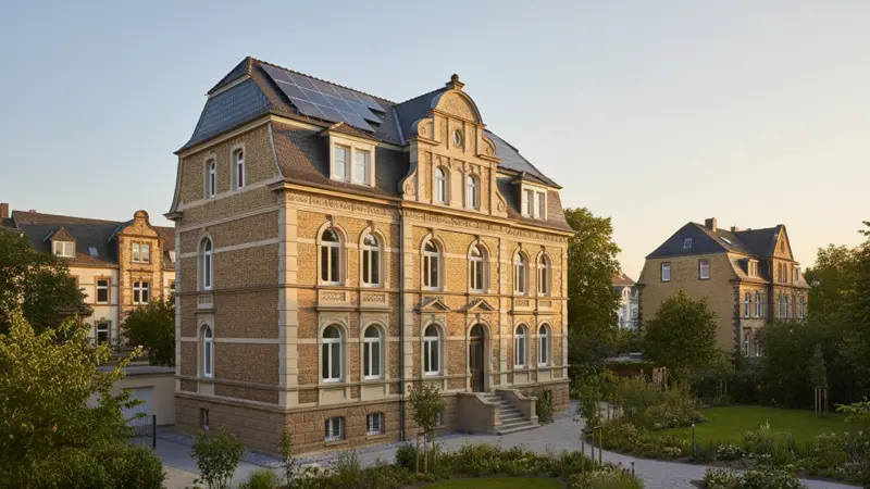 Photovoltaikanlage auf einem Essener Altbau mit Gründerzeitfassade