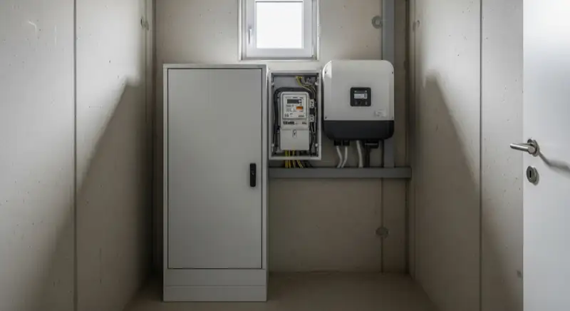 Modern German electrical meter cabinet (Zählerschrank) with smart meter and solar inverter connection, clean technical installation
