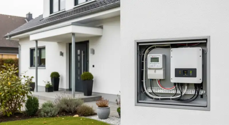 Modern German electrical meter cabinet (Zählerschrank) with smart meter and solar inverter connection, clean technical installation