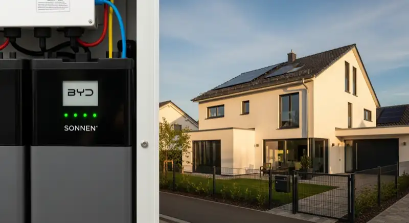 Modern home battery storage system (like BYD or Sonnen) installed in clean German basement/utility room, LED indicators visible