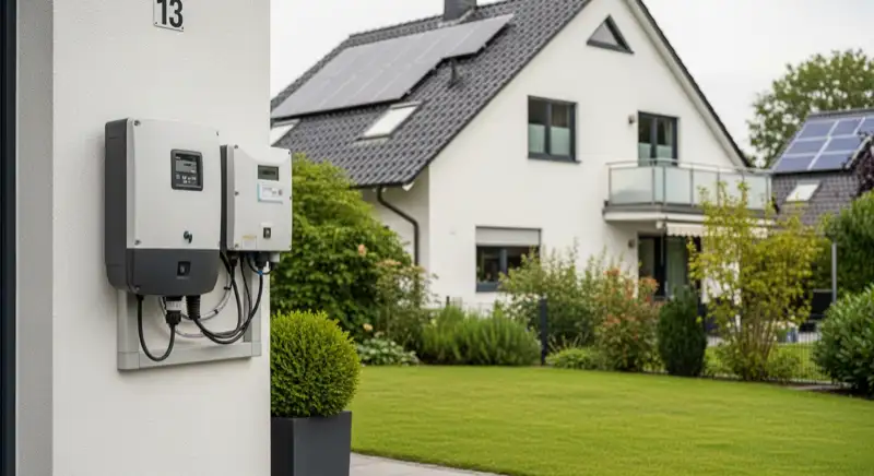 Modern German electrical meter cabinet (Zählerschrank) with smart meter and solar inverter connection, clean technical installation