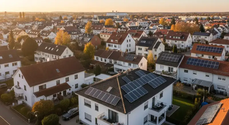 Aerial drone view of typical German residential neighborhood with mixed roof types, red and dark roof tiles, gardens visible, sunny day