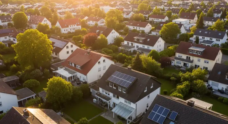 Aerial drone view of typical German residential neighborhood with mixed roof types, red and dark roof tiles, gardens visible, sunny day