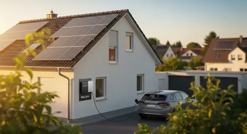 Wallbox an Einfamilienhaus mit Photovoltaikanlage während E-Auto geladen wird