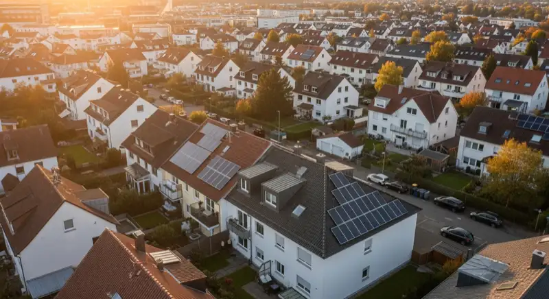 Aerial drone view of typical German residential neighborhood with mixed roof types, red and dark roof tiles, gardens visible, sunny day