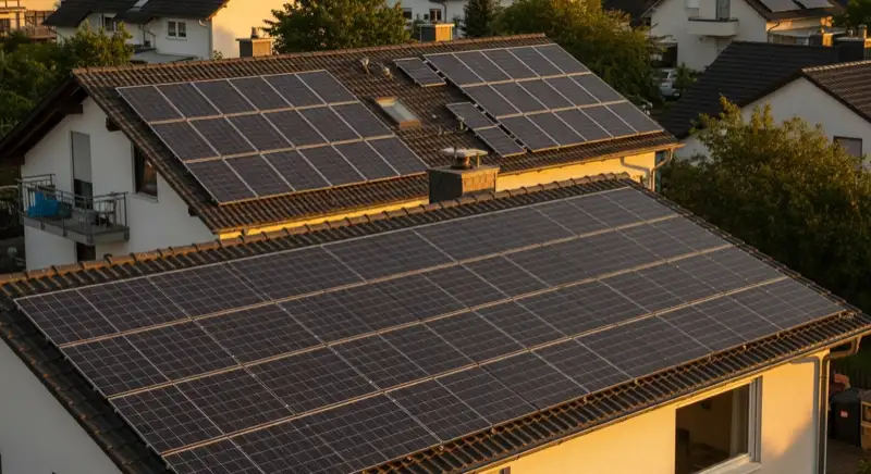 Aerial drone view of typical German residential neighborhood with mixed roof types, red and dark roof tiles, gardens visible, sunny day