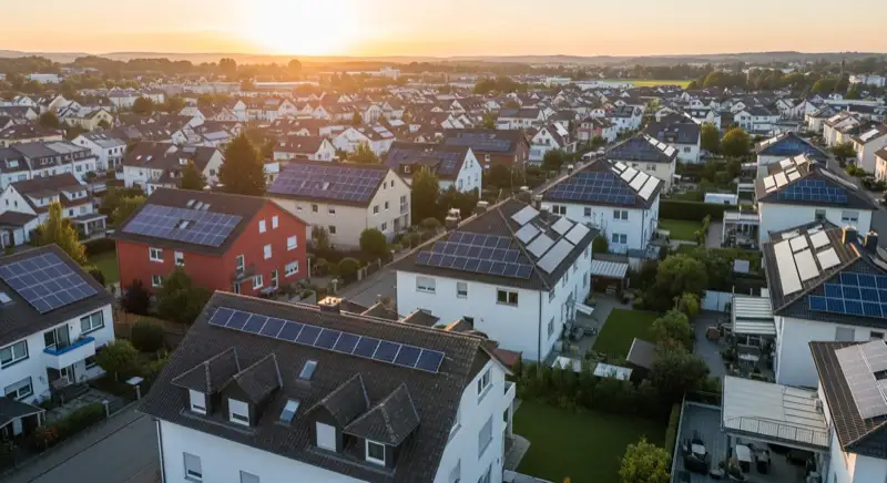 Aerial drone view of typical German residential neighborhood with mixed roof types, red and dark roof tiles, gardens visible, sunny day