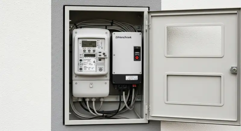 Modern German electrical meter cabinet (Zählerschrank) with smart meter and solar inverter connection, clean technical installation