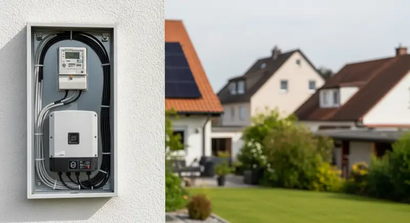 Modern German electrical meter cabinet (Zählerschrank) with smart meter and solar inverter connection, clean technical installation