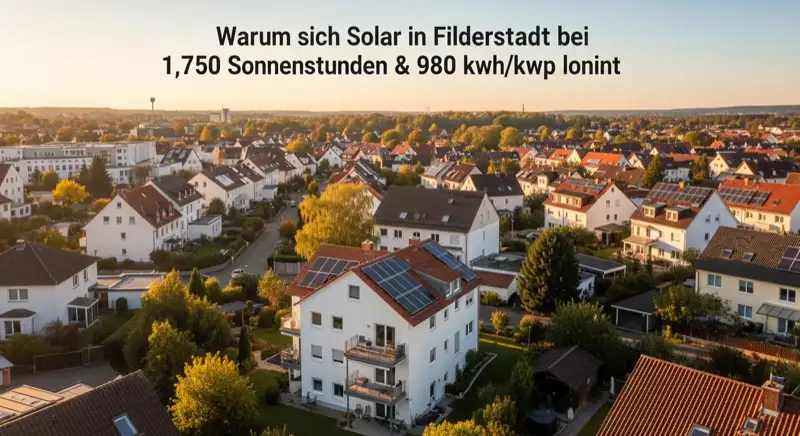 Aerial drone view of typical German residential neighborhood with mixed roof types, red and dark roof tiles, gardens visible, sunny day