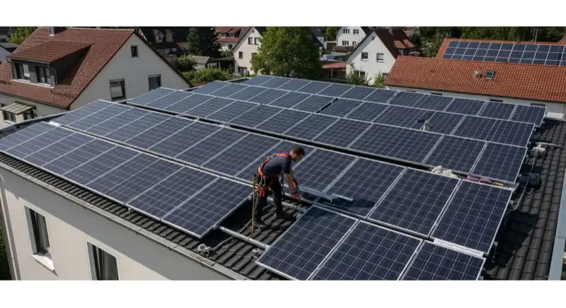 Installateur bei Wartungsarbeiten an Photovoltaikanlage auf Hausdach in Filderstadt