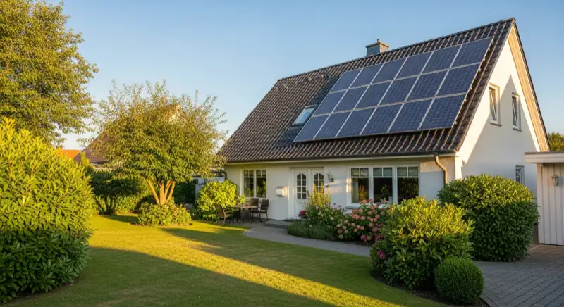 German detached house (Einfamilienhaus) with photovoltaic panels on pitched roof, well-maintained garden, warm afternoon sunlight
