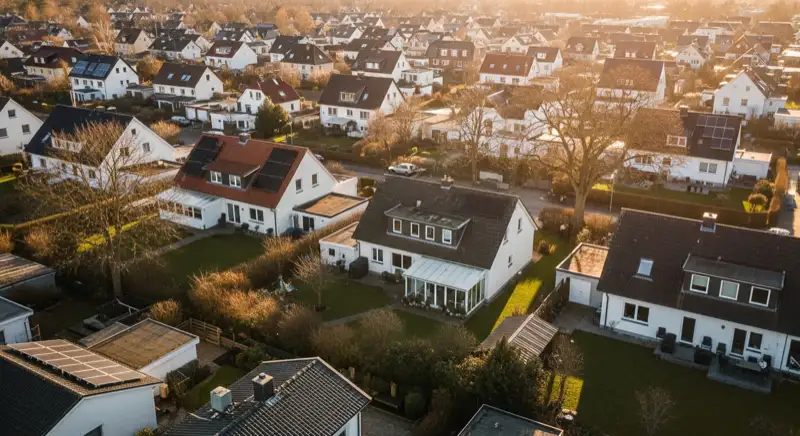 Aerial drone view of typical German residential neighborhood with mixed roof types, red and dark roof tiles, gardens visible, sunny day