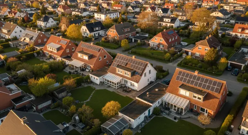 Aerial drone view of typical German residential neighborhood with mixed roof types, red and dark roof tiles, gardens visible, sunny day