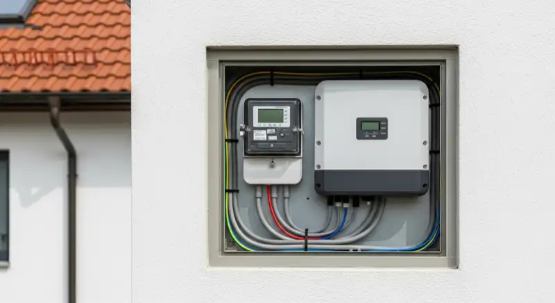 Modern German electrical meter cabinet (Zählerschrank) with smart meter and solar inverter connection, clean technical installation