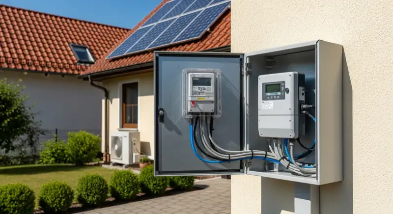 Modern German electrical meter cabinet (Zählerschrank) with smart meter and solar inverter connection, clean technical installation
