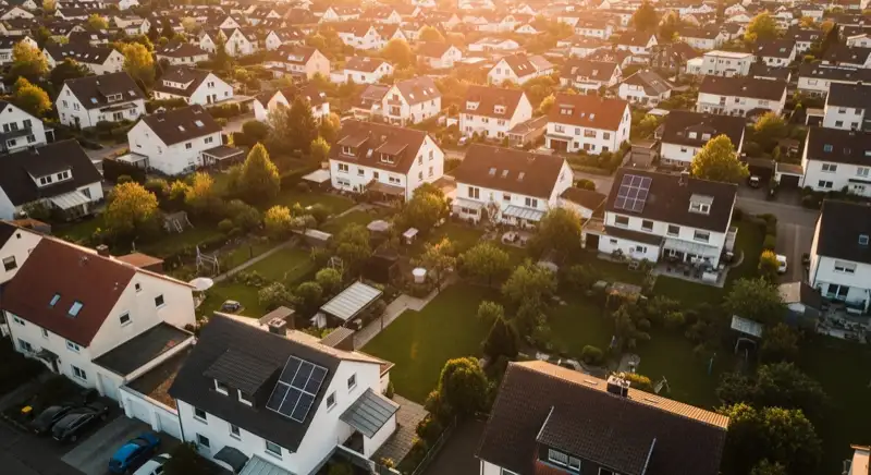Aerial drone view of typical German residential neighborhood with mixed roof types, red and dark roof tiles, gardens visible, sunny day