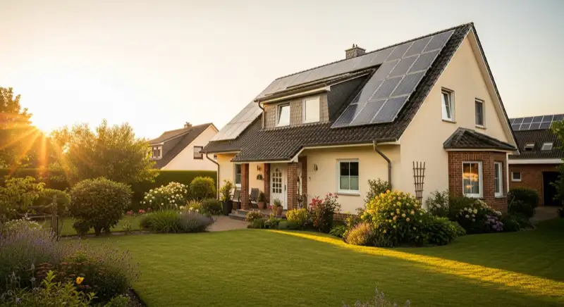 German detached house (Einfamilienhaus) with photovoltaic panels on pitched roof, well-maintained garden, warm afternoon sunlight