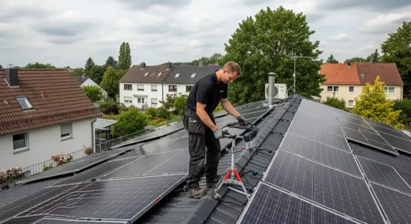 Installateur bei Wartungsarbeiten auf Photovoltaikanlage in Frechen