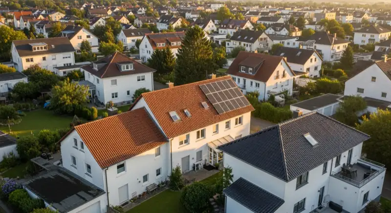 Aerial drone view of typical German residential neighborhood with mixed roof types, red and dark roof tiles, gardens visible, sunny day