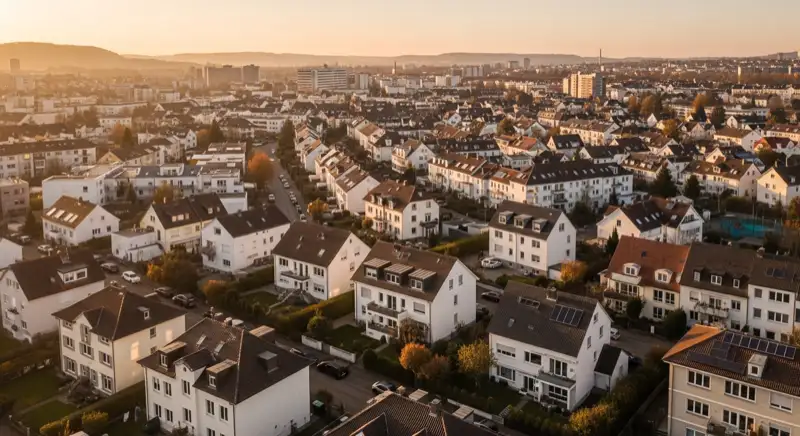 Wohngebiete in Freiburg mit verschiedenen Bauformen, typische Einfamilienhäuser und Dachstrukturen aus der Luft