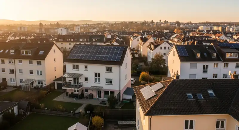 Wohngebiete in Freiburg mit verschiedenen Bauformen, typische Einfamilienhäuser und Dachstrukturen aus der Luft