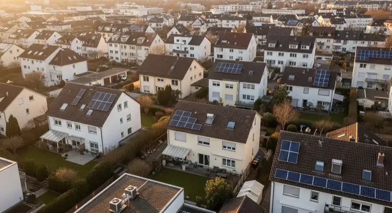 Wohngebiete in Freiburg mit verschiedenen Bauformen, typische Einfamilienhäuser und Dachstrukturen aus der Luft