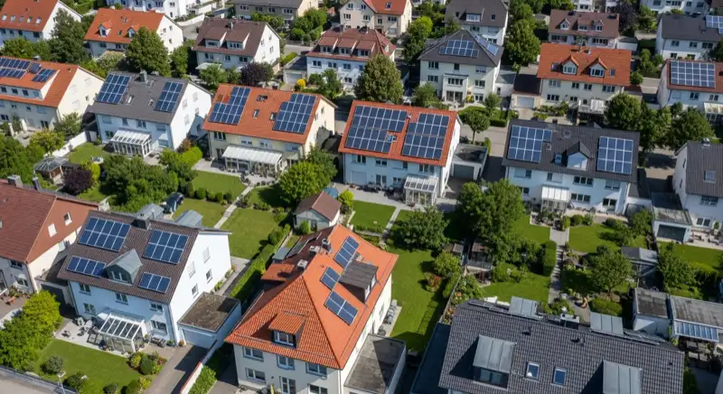 Aerial drone view of typical German residential neighborhood with mixed roof types, red and dark roof tiles, gardens visible, sunny day