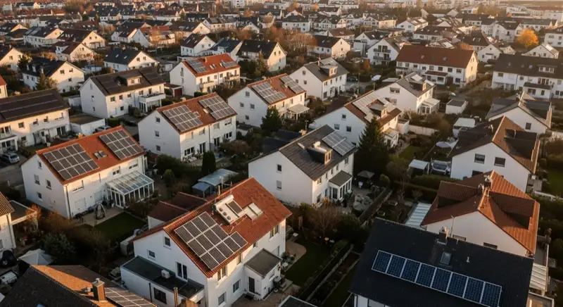 Aerial drone view of typical German residential neighborhood with mixed roof types, red and dark roof tiles, gardens visible, sunny day