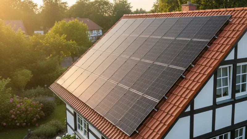 Nahaufnahme moderner Solarmodule auf einem Dach in Garbsen mit Bäumen im Hintergrund