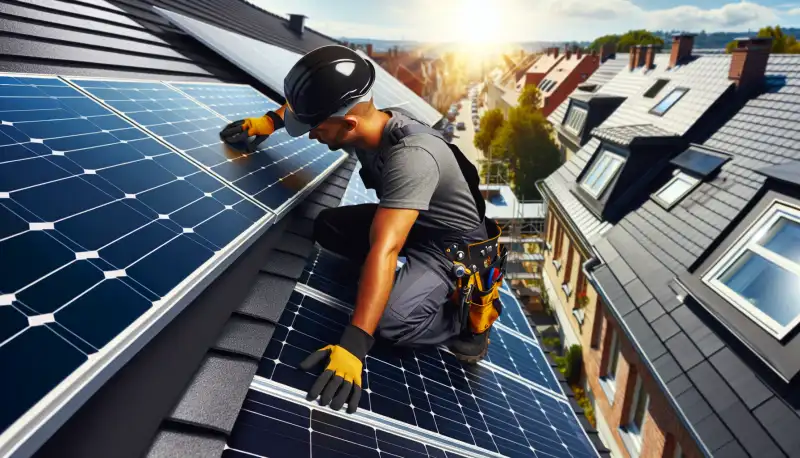 Nahaufnahme von Solarmodulen auf einem Dach in Gelsenkirchen