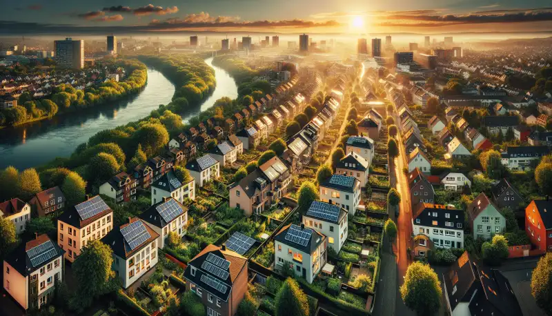 Panoramablick auf Gelsenkirchen mit Solaranlagen auf Wohnhäusern