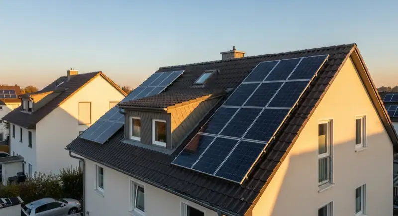 Einfamilienhausdach mit Photovoltaikanlage in einer Germeringer Wohnstraße